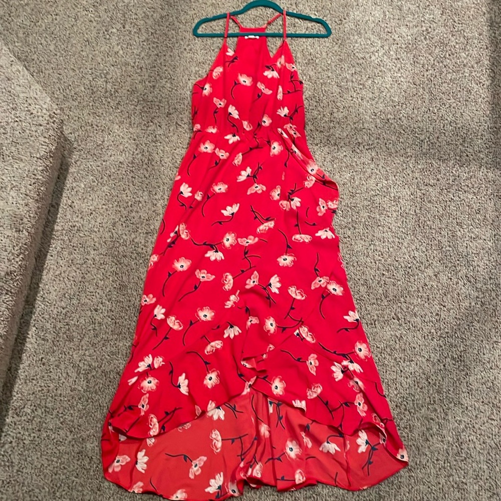 market & spruce red dress with white flowers and navy stems. Size medium.